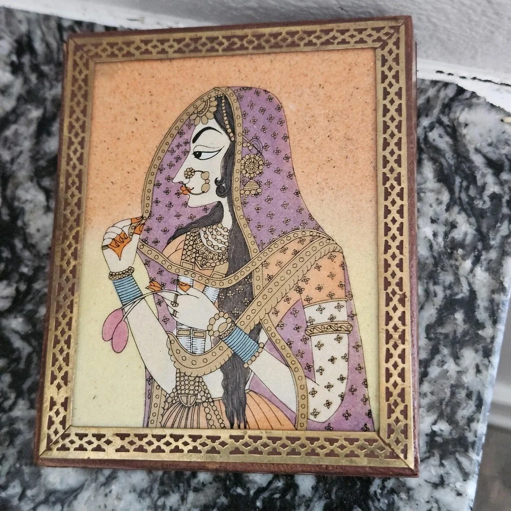 Vintage Indian Hand Painted Miniature Portrait‎ Wood Jewelry Box Brass Inlay 5x4